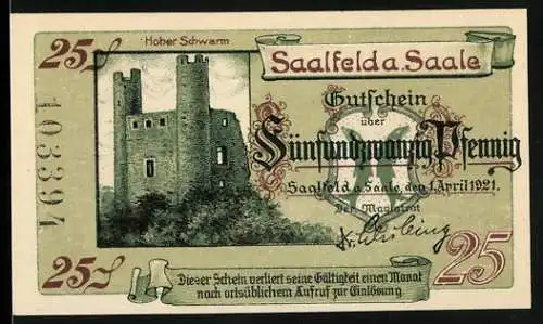 Notgeld Saalfeld a. Saale 1921, 25 Pfennig, Burgen Hoher Schwarm und Kitzerstein, Seriennummer 103391, Wappen