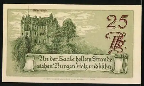 Notgeld Saalfeld a. Saale 1921, 25 Pfennig, Burgen Hoher Schwarm und Kitzerstein, Seriennummer 103391, Wappen