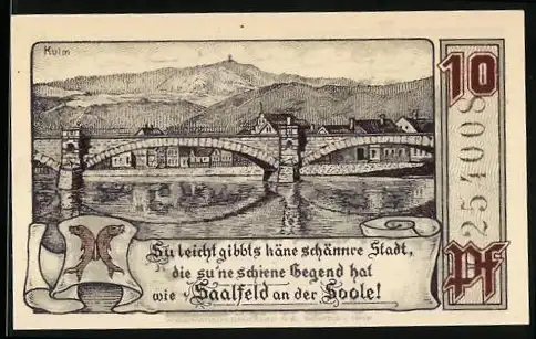 Notgeld Saalfeld 1921, 10 Pfennig, Brücke und Saaltor, Seriennummer 251008, Stadtwappen