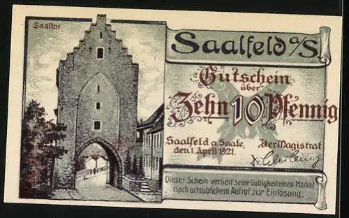 Notgeld Saalfeld 1921, 10 Pfennig, Brücke und Saaltor, Seriennummer 251008, Stadtwappen