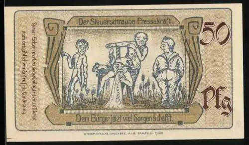 Notgeld Saalfeld a. Saale 1921, 50 Pfennig, Rathaus, Steuerschraube und Bürger mit Sorgen, Seriennummer 62114
