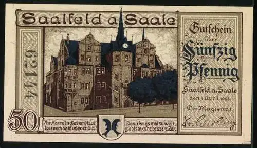 Notgeld Saalfeld a. Saale 1921, 50 Pfennig, Rathaus, Steuerschraube und Bürger mit Sorgen, Seriennummer 62114