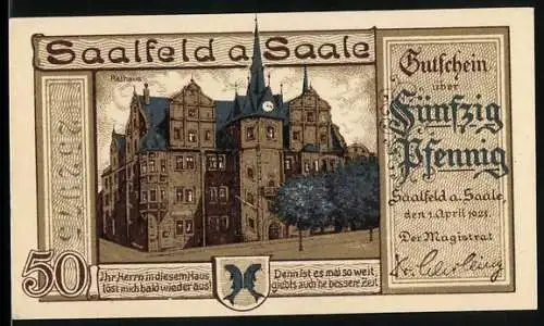 Notgeld Saalfeld a. Saale 1921, 50 Pfennig, Rathaus und karikaturistische Darstellung von Steuerschraube