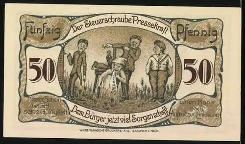 Notgeld Saalfeld a. Saale 1921, 50 Pfennig, Rathaus und karikaturistische Darstellung von Steuerschraube