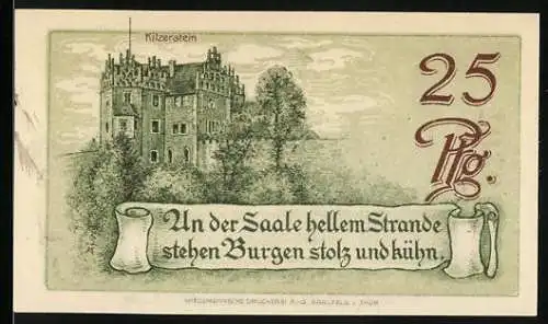 Notgeld Saalfeld a. Saale 1921, 25 Pfennig, Burgen an der Saale, Seriennummer 70206