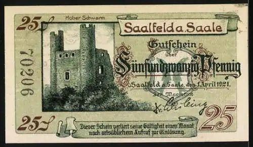 Notgeld Saalfeld a. Saale 1921, 25 Pfennig, Burgen an der Saale, Seriennummer 70206