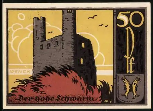 Notgeld Saalfeld 1921, 50 Pfennig, Der Hohe Schwarm, Seriennummer 131030, Stadtwappen mit Fischen