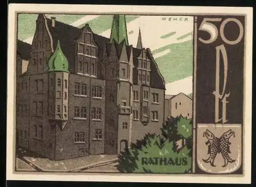 Notgeld Saalfeld 1921, 50 Pfennig, Rathaus und Wappen mit zwei Fischen, Seriennummer 151535