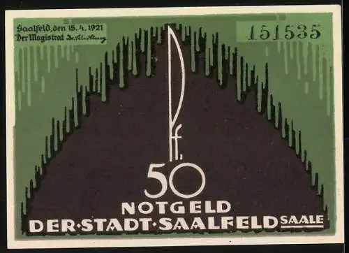 Notgeld Saalfeld 1921, 50 Pfennig, Rathaus und Wappen mit zwei Fischen, Seriennummer 151535