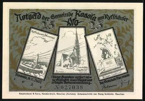 Notgeld Rossla am Kyffhäuser 1921, 25 Pfennig, Barbarossa-Legende und Ortsansichten, Seriennummer 27038