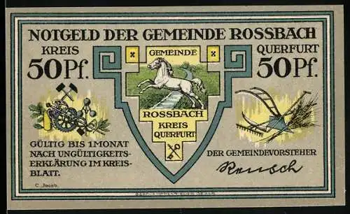 Notgeld Rossbach, 50 Pfennig, Wappen mit Pferd und landwirtschaftlichen Symbolen, Hauptquartier Friedrichs des Grossen 17