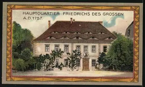 Notgeld Rossbach, 50 Pfennig, Wappen mit Pferd und landwirtschaftlichen Symbolen, Hauptquartier Friedrichs des Grossen 17