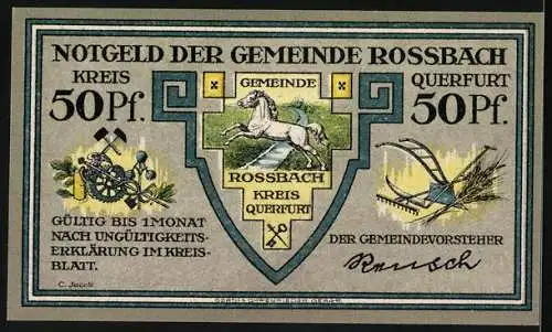 Notgeld Rossbach, 50 Pfennig, Die Schlacht bei Rossbach 5. Nov. 1757, Pferd und landwirtschaftliche Motive