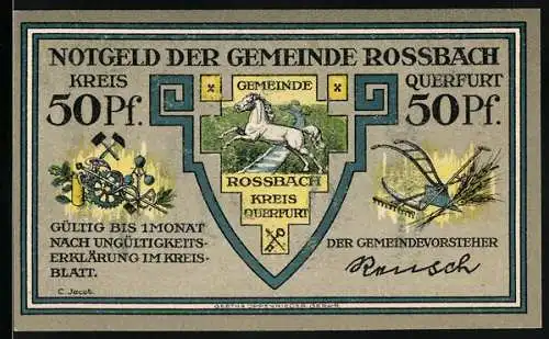 Notgeld Rossbach, 50 Pfennig, Wappen mit Pferd, landwirtschaftliche Werkzeuge und Friedrich der Grosse im Herrenhaus