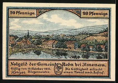 Notgeld Roda bei Ilmenau 1921, 20 Pfennig, Eichenbaum und Dorflandschaft