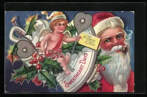 AK Weihnachtsmann mit Pfeife, Engel auf dem Mistelzweig