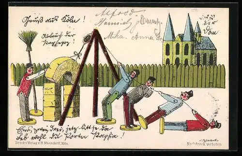 Lithographie Köln, Holzpuppen mit einem Zugseil am Dom