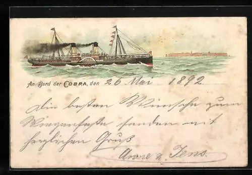 Vorläufer-Lithographie Passagierschiff Cobra passiert Helgoland, 1892