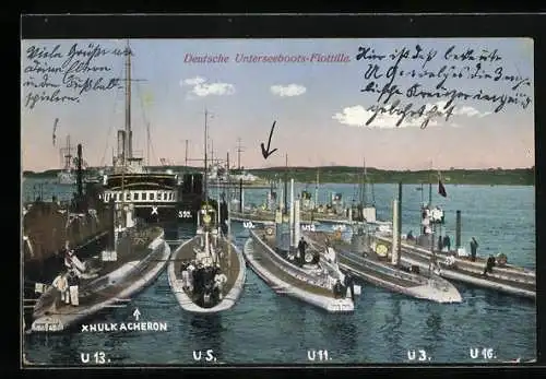AK U-Boot-Flottille mit U13, U5, U11, U3, U16 und Hulk Acheron im Hafen