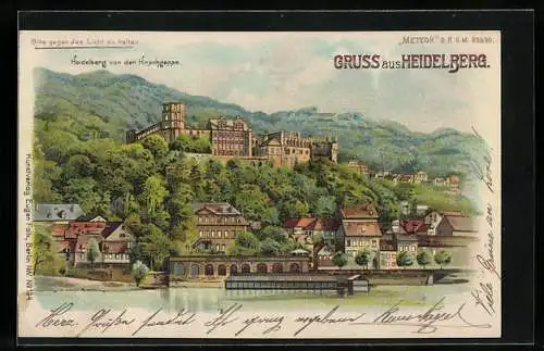 Lithographie Heidelberg, Panoramablick von der Hirschgasse, Halt gegen das Licht: Vollmond