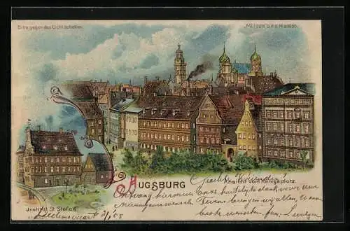 Lithographie Augsburg, Ansicht vom Königsplatz, Institut St. Stefan, Halt gegen das Licht: Vollmond