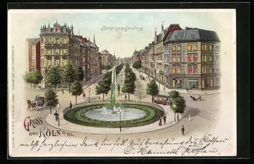 Lithographie Köln-Neustadt, Hohenstaufenring mit Brunnenanlage, Halt gegen das Licht: leuchtende Fontäne