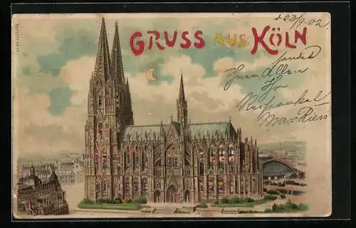 Lithographie Köln, Dom, Halt gegen das Licht: bunt leuchtende Fenster