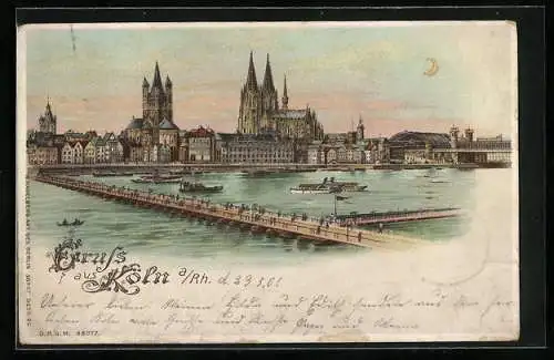 Lithographie Köln, Panorama mit Dom, Halt gegen das Licht: leuchtende Fenster