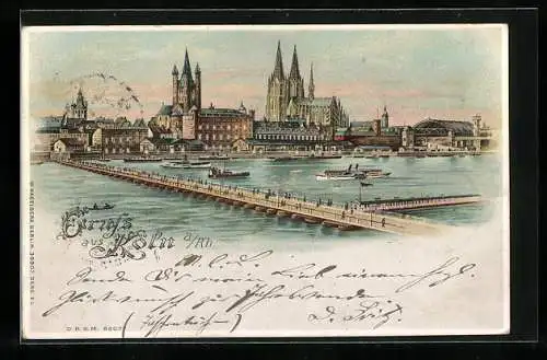 Lithographie Köln, Blick auf Dom und Brücke, Dampfer, Halt gegen das Licht: leuchtende Fenster