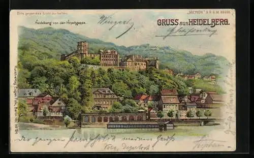 Lithographie Heidelberg, Aussicht von der Hirschgasse, Halt gegen das Licht