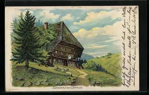 Lithographie Landschaft mit Schwarzwaldhaus, Halt gegen das Licht: Vollmond