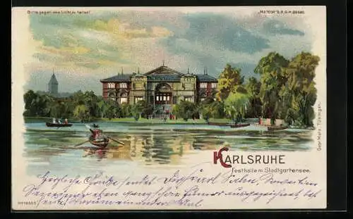 Lithographie Karlsruhe, Festhalle m. Stadtgartensee, Halt gegen das Licht: Mondschein