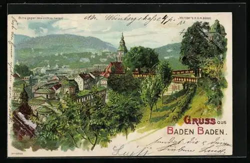 Lithographie Baden-Baden, Ortsansicht, Halt gegen das Licht: Vollmond erscheint