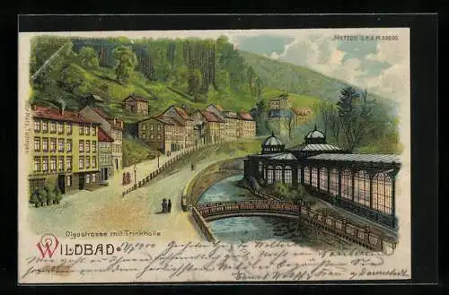 Lithographie Wildbad / Schwarzwald, Olgastrasse mit Trinkhalle, Halt gegen das Licht: Vollmondnacht