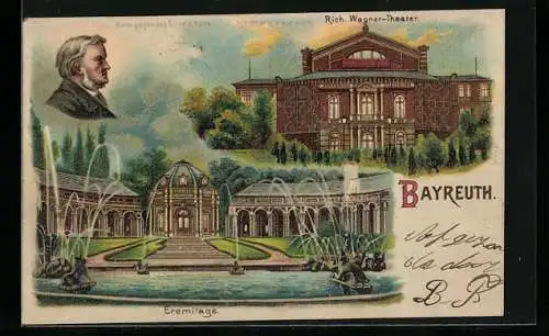 Lithographie Bayreuth, Richard Wagner-Theater, Eremitage, Halt gegen das Licht: Ansicht bei Vollmond