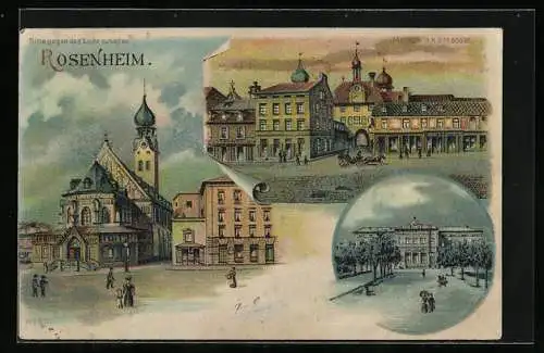 Lithographie Rosenheim / Bayern, Kirche, Strassenpartie, Halt gegen das Licht: Vollmond