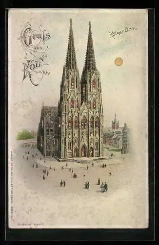 Lithographie Köln, Dom, Halt gegen das Licht: beleuchtete Fenster