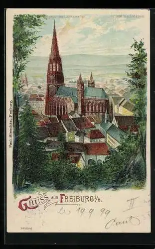 Lithographie Freiburg i. B., Blick auf das Münster, Halt gegen das Licht: Vollmond