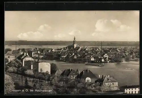 AK Crossen a. O., Ortsansicht im Hochwasser