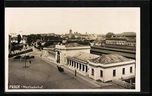 AK Posen / Poznan, Partie am Westbahnhof, Pferdekutsche