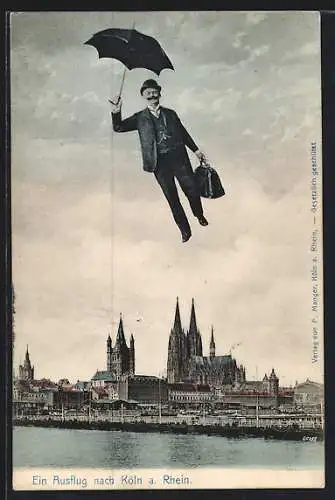 AK Köln /Rh., Stadtpanorama und fliegender Reisender mit Schirm