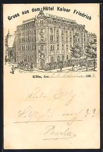 Vorläufer-Lithographie Köln-Neustadt, 1894, Hôtel Kaiser Friedrich mit Strassenbahn und Kutschen