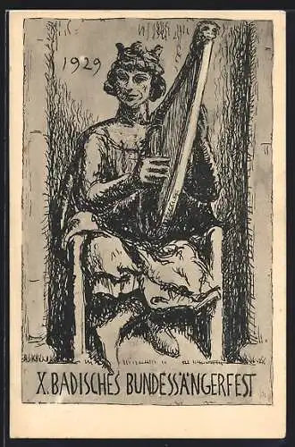 Künstler-AK Freiburg i. Br., X. Badisches Bundessängerfest 1929, Prinz mit Harfe, Pfingsten
