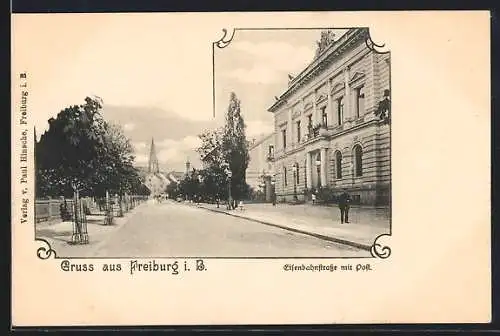 AK Freiburg i. B., Eisenbahnstrasse mit Post