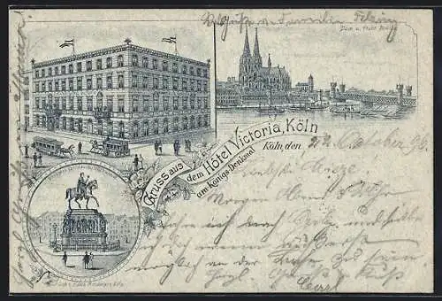 Lithographie Köln, Grand Hotel Victoria, Denkmal Friedrich Wilhelm II., Dom und feste Brücke