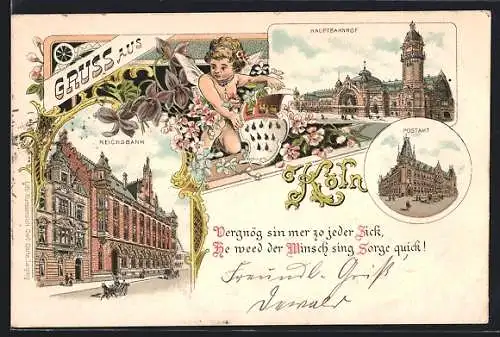 Lithographie Köln, Hauptbahnhof, Reichsbahn, Postamt, Engel mit Wappen