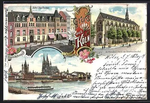 Lithographie Köln, Minoritenkirche, Kathol. Gesellenhaus, Panorama mit Rhein