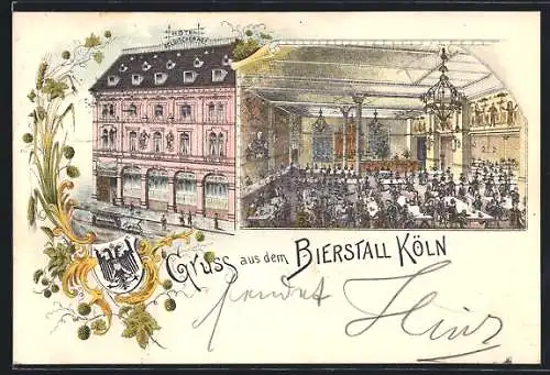 Lithographie Köln, Hotel Belgischer Hof mit Innenansicht