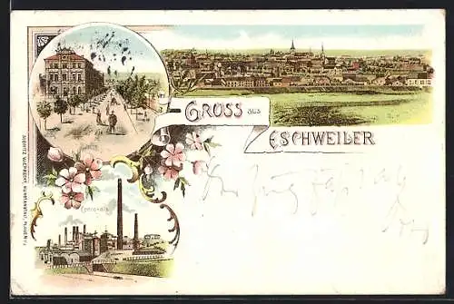 Lithographie Eschweiler, Rosenallee, Werk Concordia, Blick aus der Ferne auf die Stadt