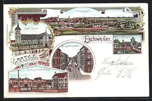 Lithographie Eschweiler, Neugrabenstrasse, Städtischer Schlachthof, St. Antonius-Hospital, Kath. Kirche